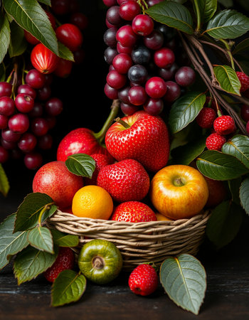 Fresh fruits in a basket on a dark wooden background. Selective focus.