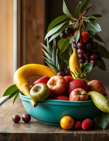 Fresh fruits in a bowl on a rustic wooden table, selective focusの写真素材