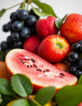 Closeup of fresh fruits and berries on white background, selective focus
