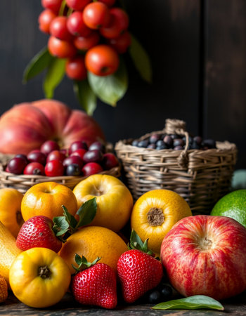 Fruits and berries in a basket on a wooden background. Selective focus.