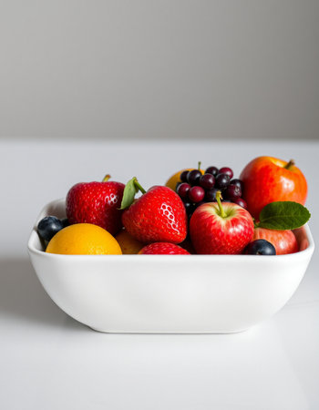 Fruits in a white bowl on a white background, selective focusの写真素材
