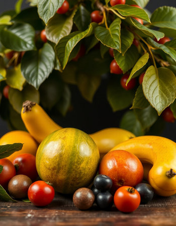 Fruits and vegetables on a wooden table on a dark background.の写真素材