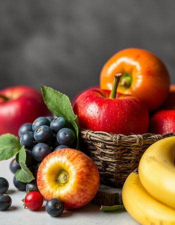 Fresh fruits and berries in a basket on a gray background, selective focus