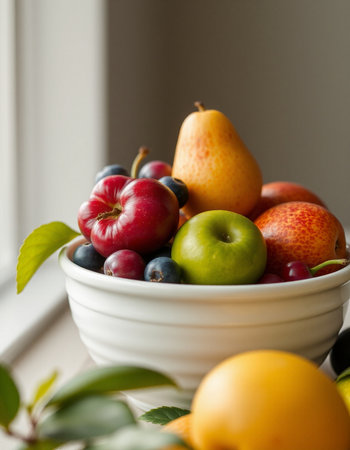 Assortment of fresh fruits in a white bowl on the windowsillの写真素材