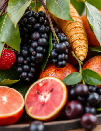 Fruits and berries on a wooden background. Fresh fruits and berries.の写真素材