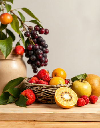 Fruits in a basket on a wooden table against a gray wallの写真素材