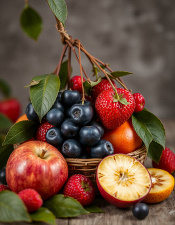 Fruits and berries in a basket on a wooden table, selective focusの写真素材