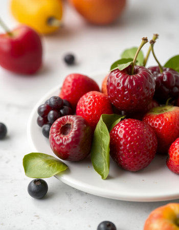 Mix of fresh berries on a white plate, selective focus, vertical