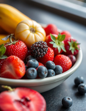 Mix of fresh fruits and berries in a bowl, selective focus.の写真素材