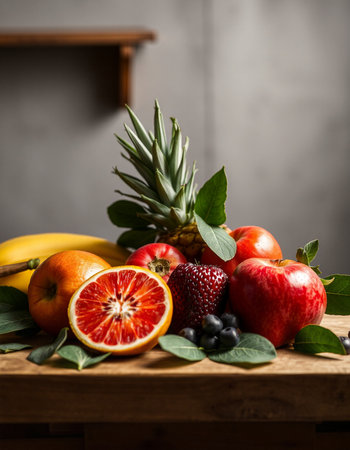 Fresh fruits on a wooden table. Healthy eating concept. Fruit background.の写真素材