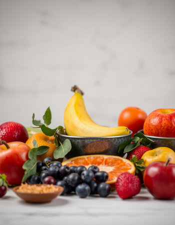 Healthy food background with fruits and berries on white marble table.の写真素材