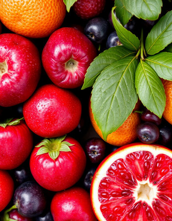 Fruits and berries background. Healthy food concept. Top view.の写真素材