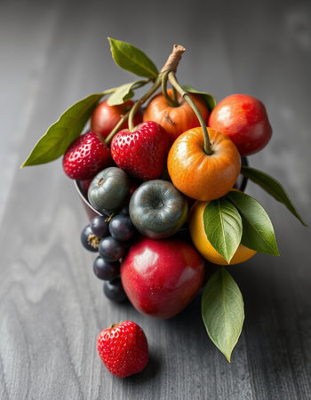 Mix of fresh fruit in a bowl on a wooden table, selective focus