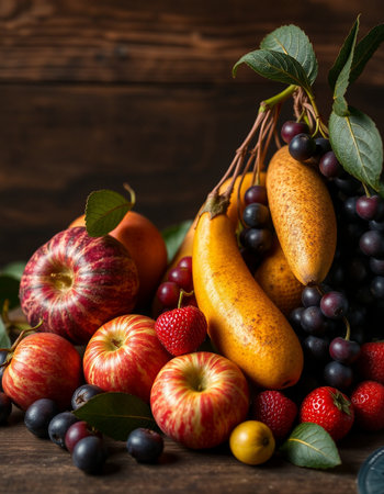 Fresh fruits on rustic wooden background, selective focus, copy space