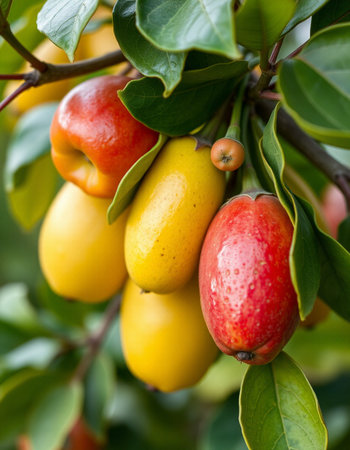 Close-up of red and yellow jujube fruits on treeの写真素材