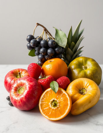 Fruits on white marble table, shallow depth of fieldの写真素材