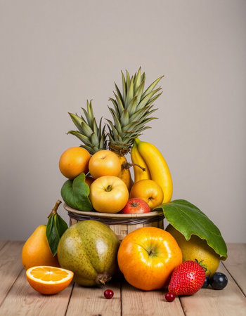Fresh fruits on wooden table. Healthy food background. Studio shot.の写真素材
