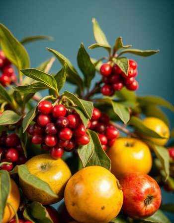 Fruits of a bush with berries on a blue background. Autumn harvest.