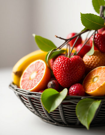Strawberries, oranges, lemons, and bananas in a basket on a white background