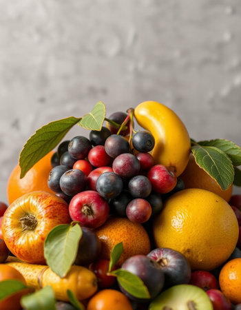 Assorted fresh fruits on gray background, closeup. Healthy food