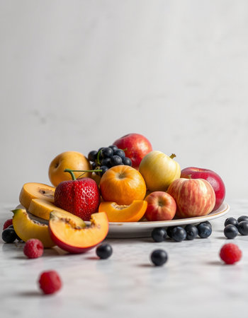 Assorted fresh fruits on a white plate. Selective focus.