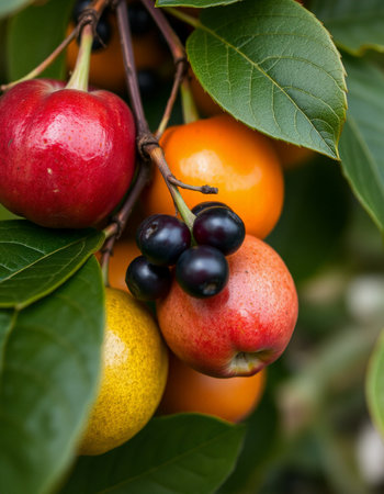Ripe fruits on the branches of a tree in the garden.の写真素材
