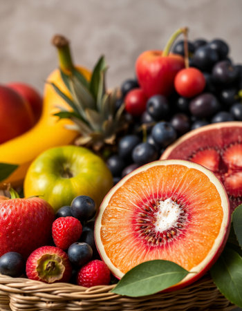 Fresh fruits and berries in a wicker basket, selective focus.
