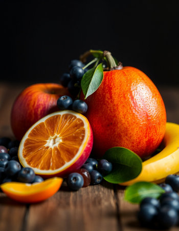 Fresh fruits and berries on a wooden table, selective focus, verticalの写真素材