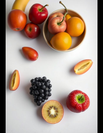 Fruits and berries on a white background. View from above.の写真素材