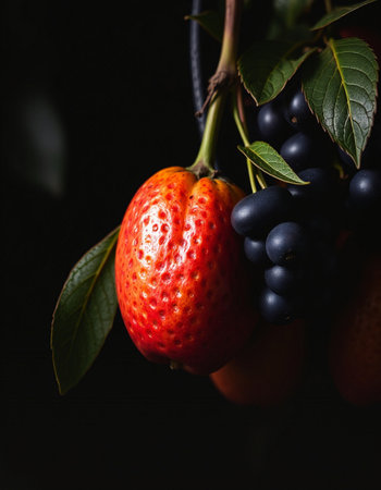 strawberries and grapes on a dark background, close-upの写真素材