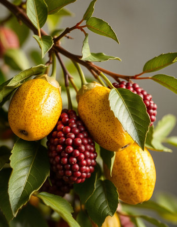 Close-up of pears and berries on a tree branch.