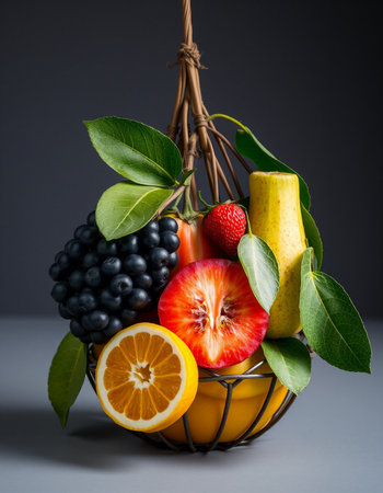 Fruits in a basket on a gray background. Healthy food.の写真素材
