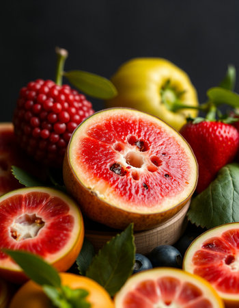 Variety of fresh fruits and berries on black background. Top view.の写真素材