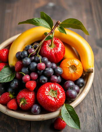 Fresh fruits and berries in a bowl on a wooden background. Selective focus.