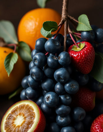 Fresh fruits and berries in a basket on a dark wooden background.の写真素材