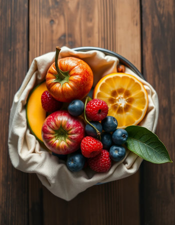Fresh fruits and berries in a basket on a wooden background. Top view.の写真素材