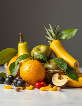 Fresh fruits and vegetables on a gray background. Selective focus.の写真素材