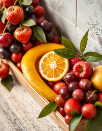 Fresh fruits in a wooden box on a rustic wooden background.の写真素材