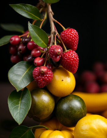 Fruits and vegetables on a black background. Healthy food concept.の写真素材