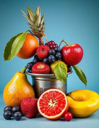 Fresh fruits in metal bucket on blue background. Healthy food concept.の写真素材