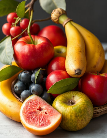 Fruits and vegetables in a basket on a wooden table. Black background.