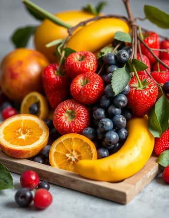 Fresh fruits and berries on wooden tray, selective focus. Food background