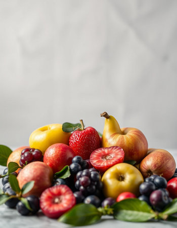 Fresh fruits and berries on a grey background. Healthy food concept.