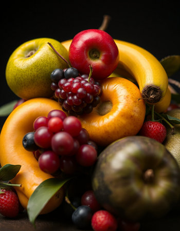 Composition of fresh fruits on a dark background. Healthy food.の写真素材