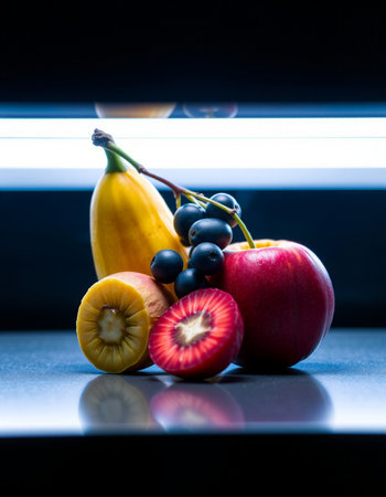 Fruits on a black background in the light of the lamp.
