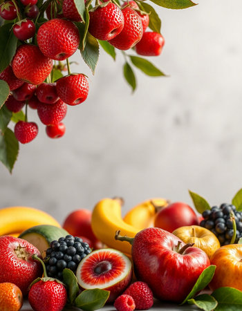 Fresh fruits and berries on a grey background. Healthy food concept.の写真素材