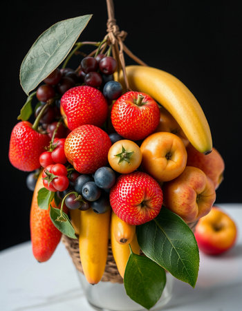 Fruit arrangement in a vase on a black background, verticalの写真素材