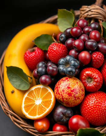 Fruits in a basket on a dark background. Healthy food concept.の写真素材