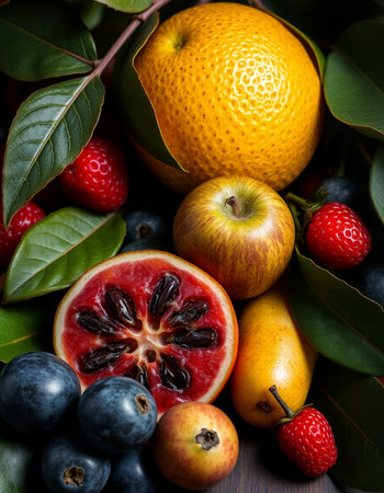 Fruits and berries on wooden table, closeup. Healthy eating conceptの写真素材