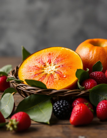 Fresh fruits in a basket on a wooden table. Close up.の写真素材
